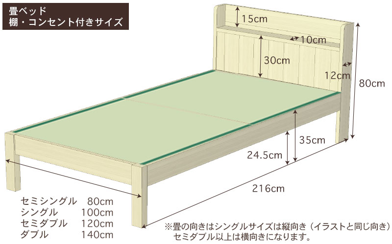 ひのきミドルベッド(高さ60cm)フラットサイズ・寸法詳細